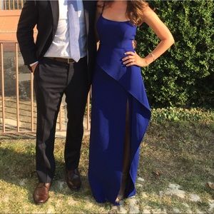 BCBG formal dress with spaghetti straps and ruffle